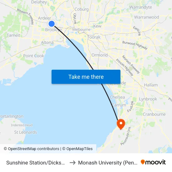 Sunshine Station/Dickson St to Monash University (Peninsula Campus) map