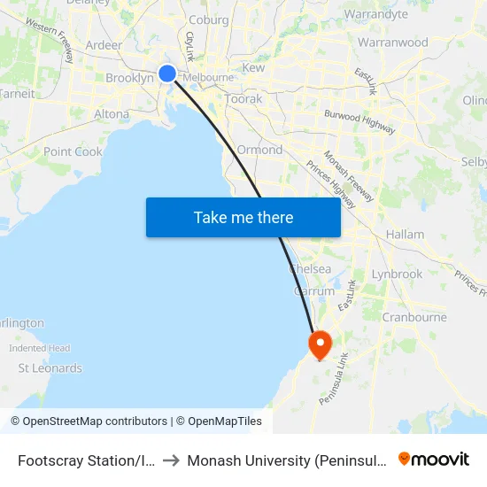Footscray Station/Irving St to Monash University (Peninsula Campus) map