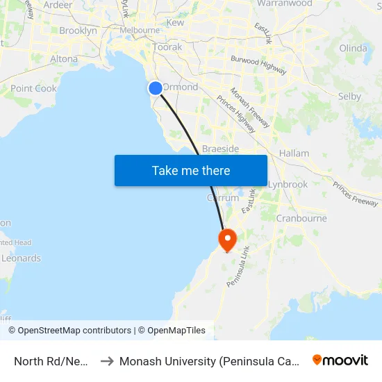 North Rd/New St to Monash University (Peninsula Campus) map