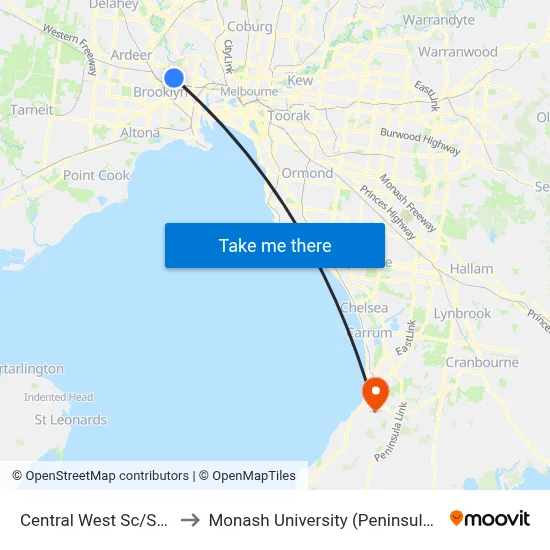 Central West Sc/South Rd to Monash University (Peninsula Campus) map
