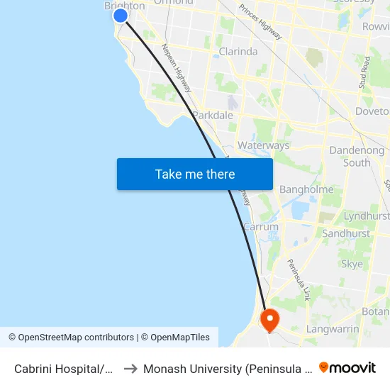 Cabrini Hospital/New St to Monash University (Peninsula Campus) map