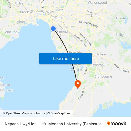 Nepean Hwy/Hotham St to Monash University (Peninsula Campus) map