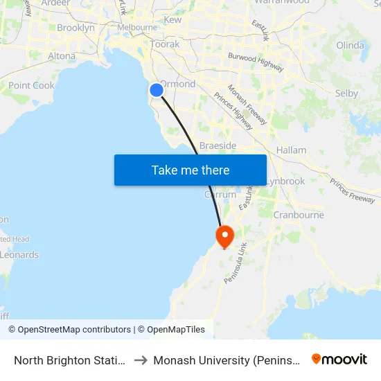 North Brighton Station/Bay St to Monash University (Peninsula Campus) map