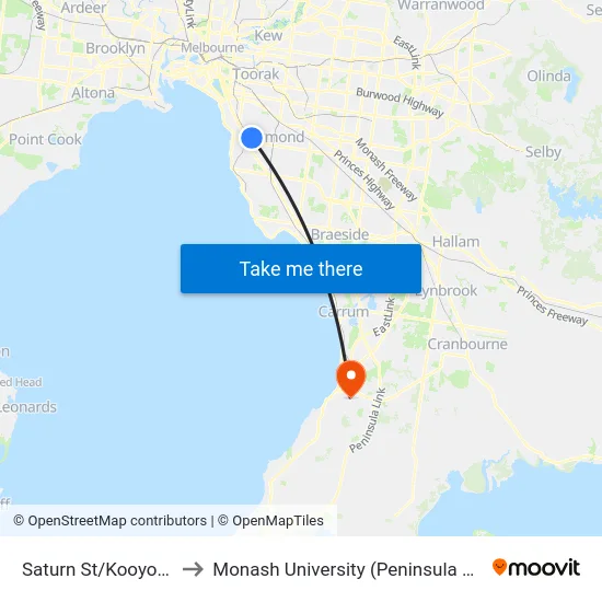 Saturn St/Kooyong Rd to Monash University (Peninsula Campus) map