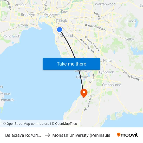Balaclava Rd/Orrong Rd to Monash University (Peninsula Campus) map