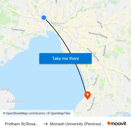 Pridham St/Rosamond Rd to Monash University (Peninsula Campus) map