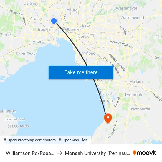 Williamson Rd/Rosamond Rd to Monash University (Peninsula Campus) map