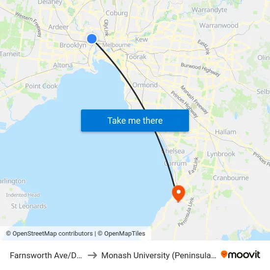 Farnsworth Ave/Droop St to Monash University (Peninsula Campus) map