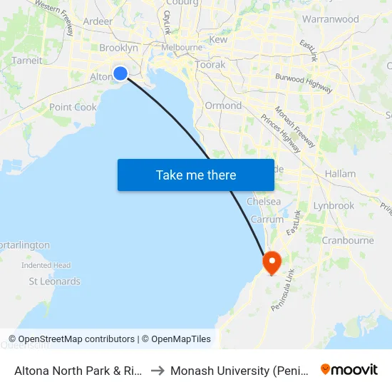 Altona North Park & Ride/Millers Rd to Monash University (Peninsula Campus) map