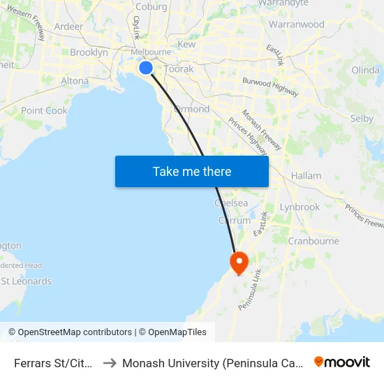Ferrars St/City Rd to Monash University (Peninsula Campus) map