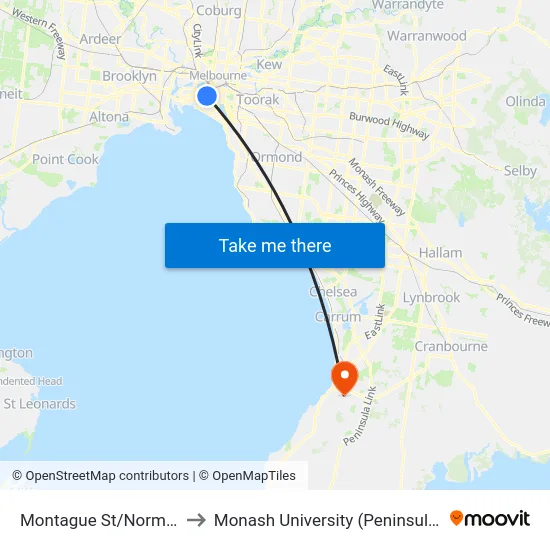 Montague St/Normanby Rd to Monash University (Peninsula Campus) map