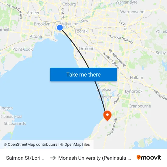 Salmon St/Lorimer St to Monash University (Peninsula Campus) map