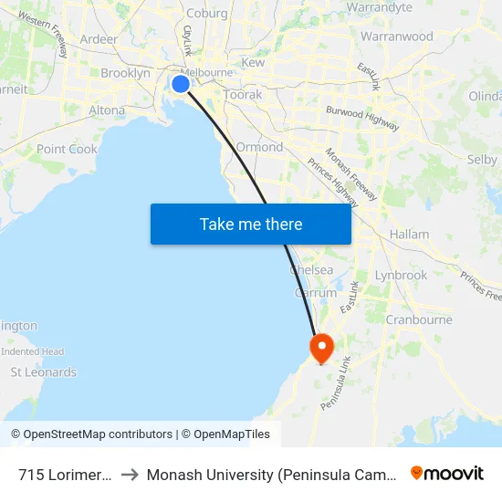 715 Lorimer St to Monash University (Peninsula Campus) map