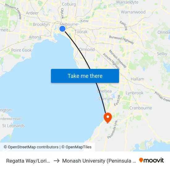 Regatta Way/Lorimer St to Monash University (Peninsula Campus) map