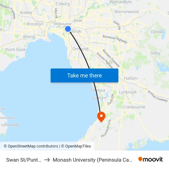 Swan St/Punt Rd to Monash University (Peninsula Campus) map