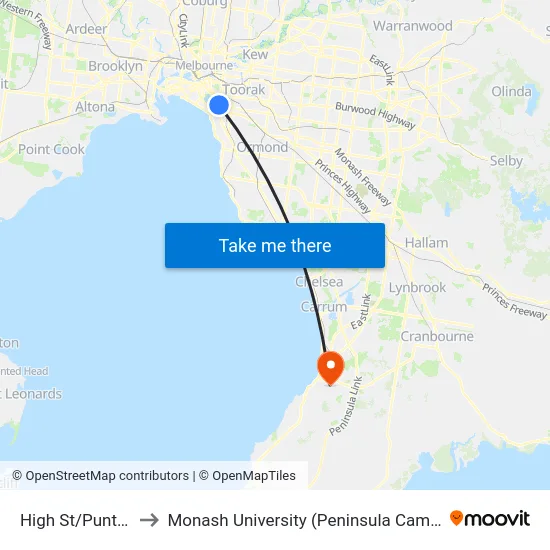 High St/Punt Rd to Monash University (Peninsula Campus) map