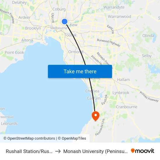 Rushall Station/Rushall Cres to Monash University (Peninsula Campus) map