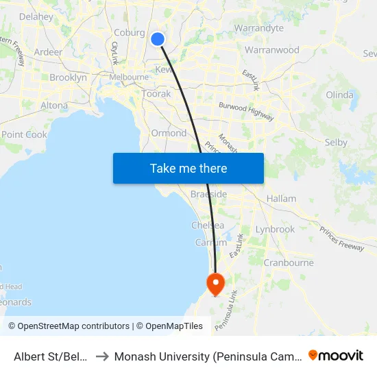 Albert St/Bell St to Monash University (Peninsula Campus) map