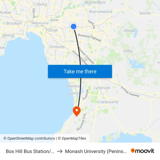 Box Hill Bus Station/Station St to Monash University (Peninsula Campus) map