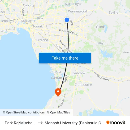 Park Rd/Mitcham Rd to Monash University (Peninsula Campus) map