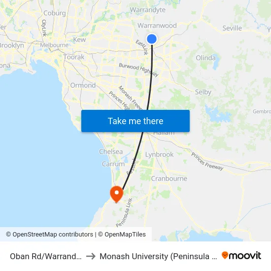 Oban Rd/Warrandyte Rd to Monash University (Peninsula Campus) map