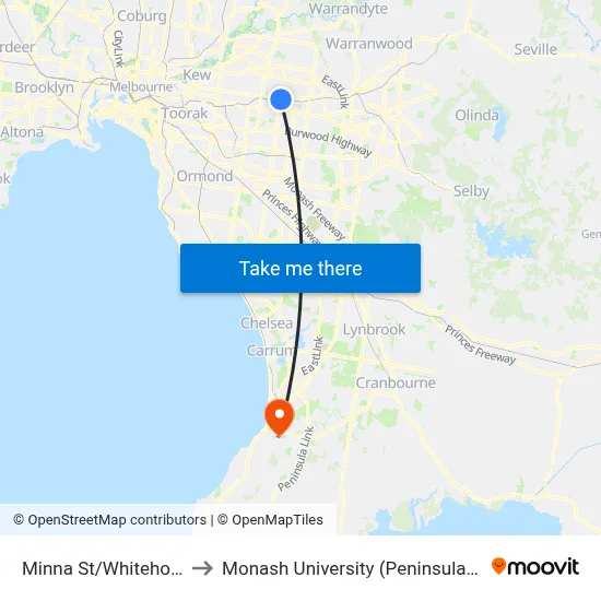 Minna St/Whitehorse Rd to Monash University (Peninsula Campus) map