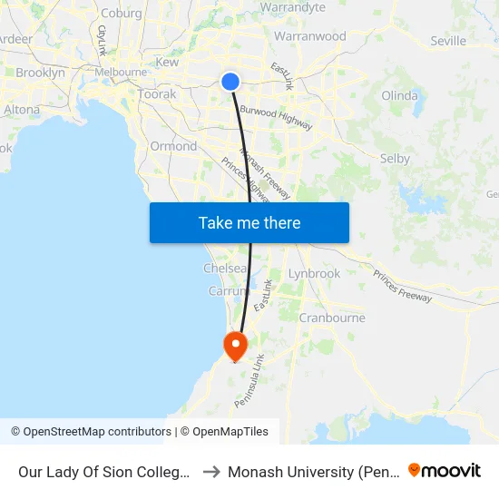 Our Lady Of Sion College/Whitehorse Rd to Monash University (Peninsula Campus) map