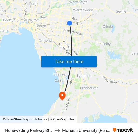 Nunawading Railway Station/Station St to Monash University (Peninsula Campus) map