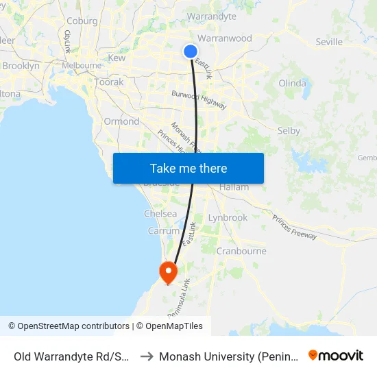 Old Warrandyte Rd/Springvale Rd to Monash University (Peninsula Campus) map