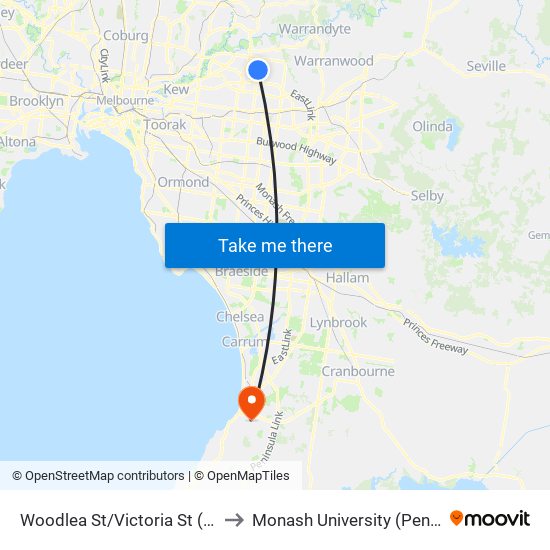 Woodlea St/Victoria St (Doncaster East) to Monash University (Peninsula Campus) map