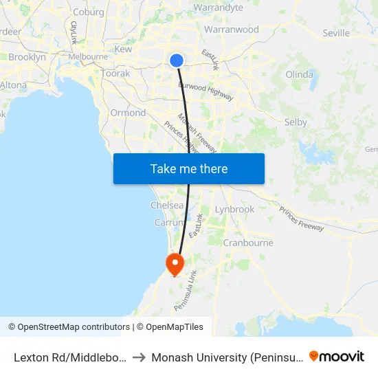 Lexton Rd/Middleborough Rd to Monash University (Peninsula Campus) map
