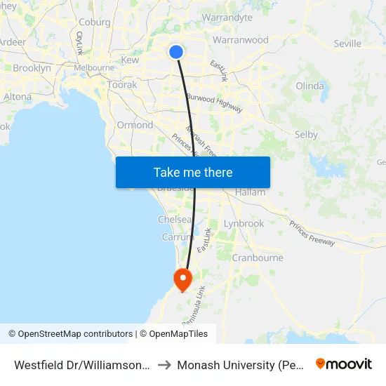 Westfield Dr/Williamsons Rd to Monash University (Peninsula Campus) map