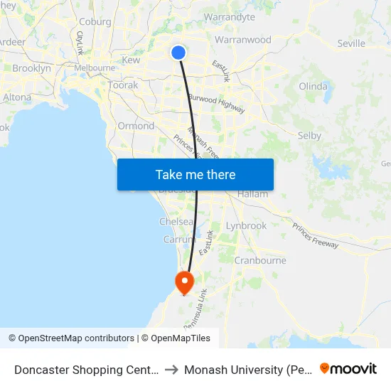 Doncaster Shopping Centre/Williamsons Rd to Monash University (Peninsula Campus) map