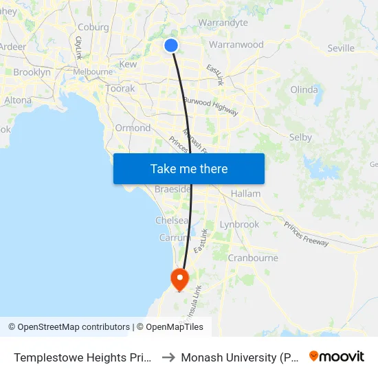 Templestowe Heights Primary School/High St to Monash University (Peninsula Campus) map