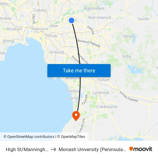 High St/Manningham Rd to Monash University (Peninsula Campus) map