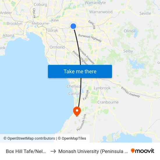 Box Hill Tafe/Nelson Rd to Monash University (Peninsula Campus) map
