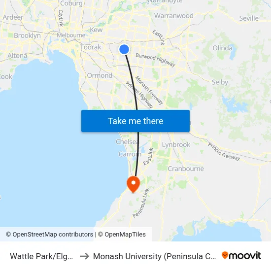 Wattle Park/Elgar Rd to Monash University (Peninsula Campus) map