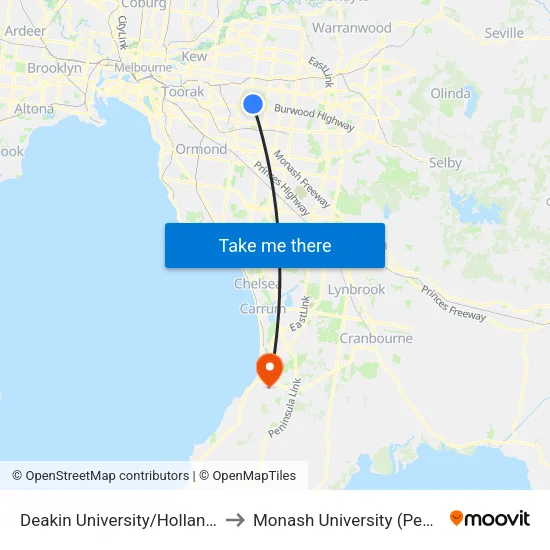 Deakin University/Holland Ave to Monash University (Peninsula Campus) map