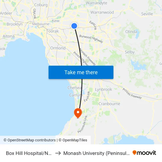Box Hill Hospital/Nelson Rd to Monash University (Peninsula Campus) map