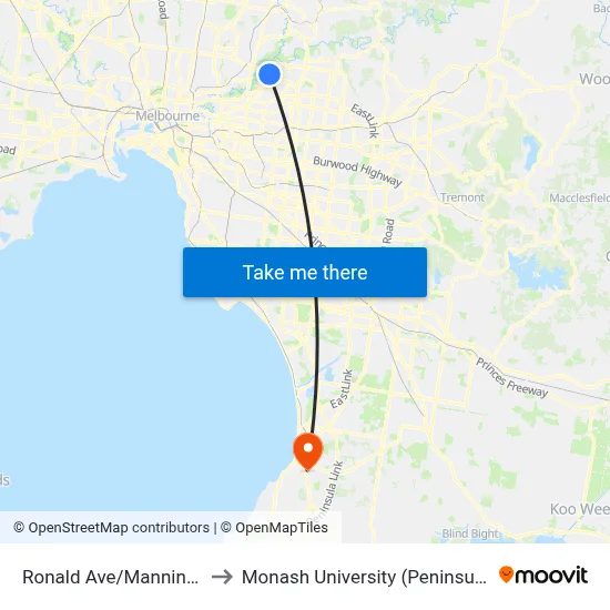Ronald Ave/Manningham Rd to Monash University (Peninsula Campus) map