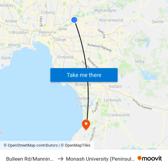Bulleen Rd/Manningham Rd to Monash University (Peninsula Campus) map