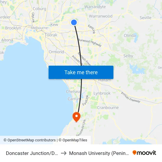 Doncaster Junction/Doncaster Rd to Monash University (Peninsula Campus) map