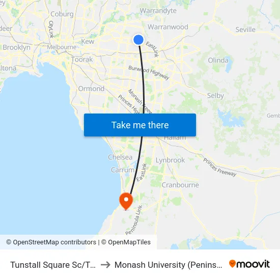 Tunstall Square Sc/Tunstall Rd to Monash University (Peninsula Campus) map