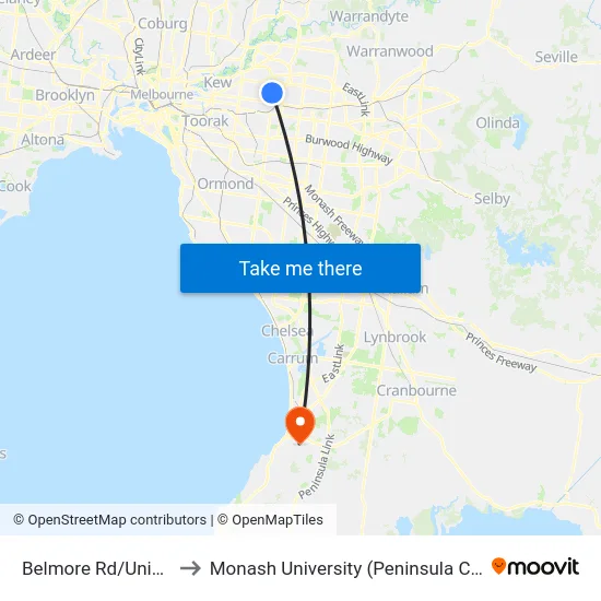 Belmore Rd/Union Rd to Monash University (Peninsula Campus) map