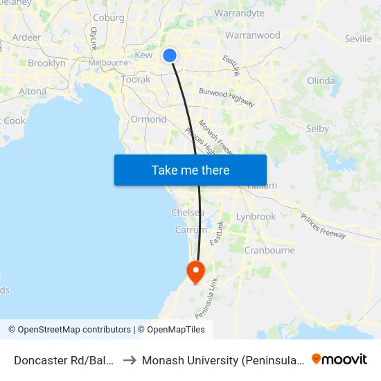 Doncaster Rd/Balwyn Rd to Monash University (Peninsula Campus) map