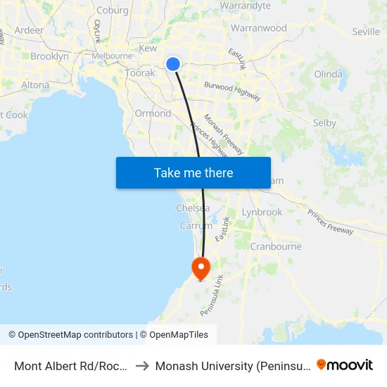 Mont Albert Rd/Rochester Rd to Monash University (Peninsula Campus) map