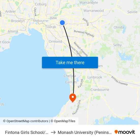 Fintona Girls School/Balwyn Rd to Monash University (Peninsula Campus) map