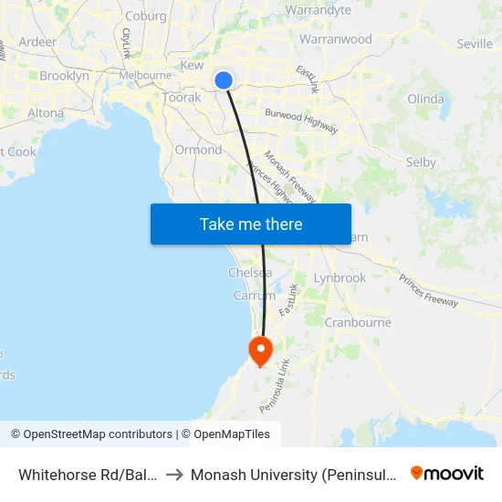 Whitehorse Rd/Balwyn Rd to Monash University (Peninsula Campus) map