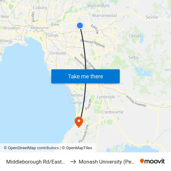 Middleborough Rd/Eastern Fwy On-Ramp to Monash University (Peninsula Campus) map
