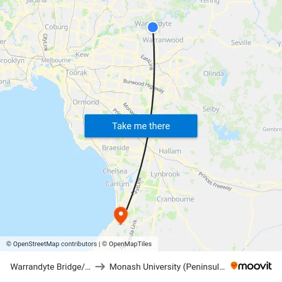 Warrandyte Bridge/Yarra St to Monash University (Peninsula Campus) map